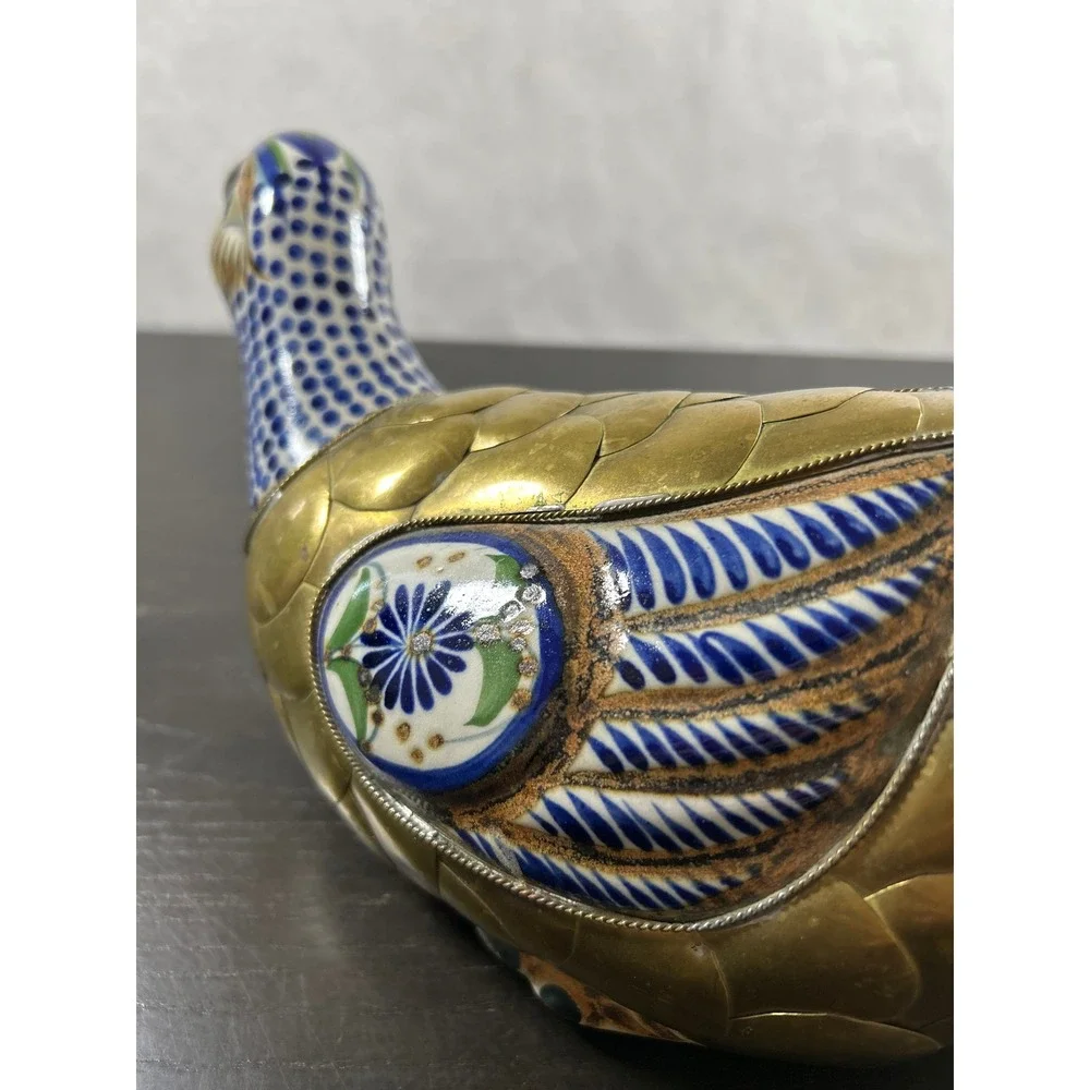 Vintage Tonala Mexico Brass and Pottery Duck Figurine El Palomar Style Folk Art - Picture 6 of 9